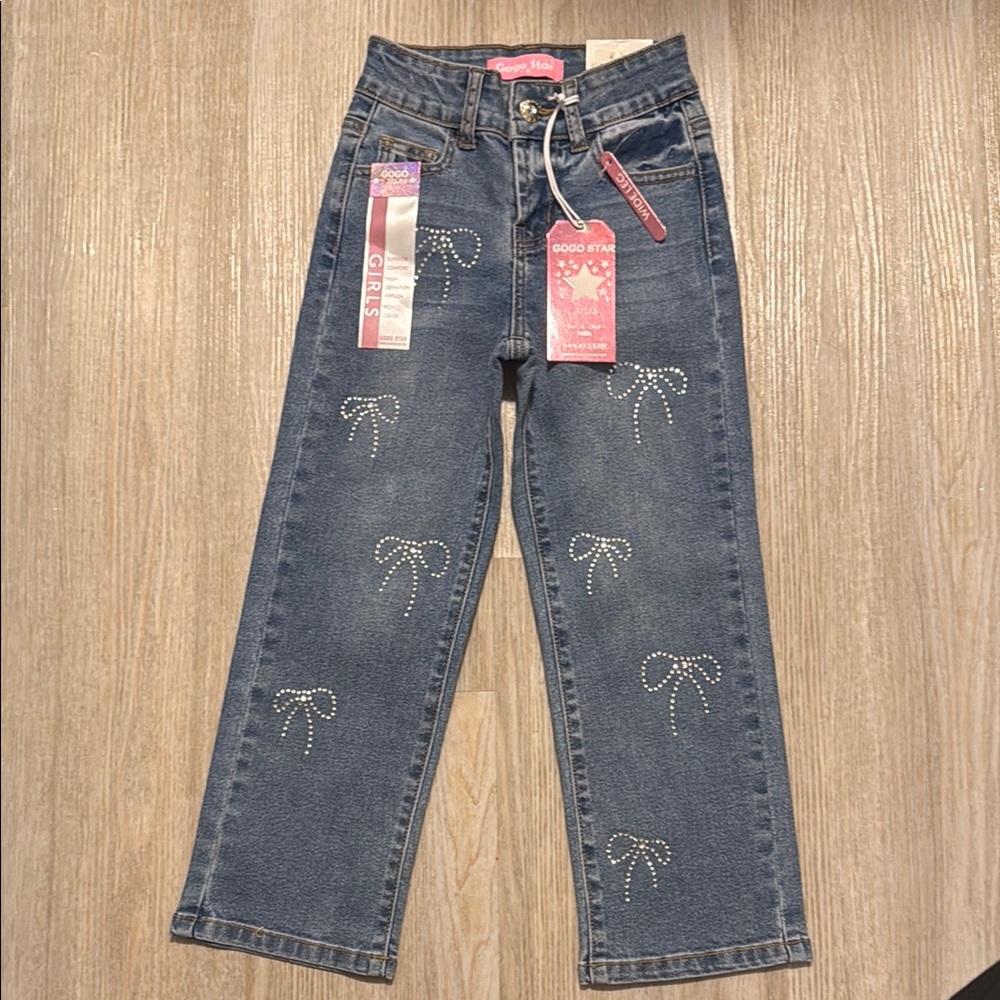 NWT Gogo Star Wars Stylish Blue Denim Jeans with Bow Accents - girl 5 Wide leg